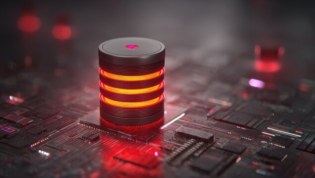 Dark, glowing data cylinder on circuit board
