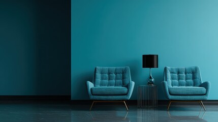 apartment with modern armchairs and cyan wall no logos no brands ar 169