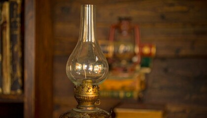 Antique oil lamp glows warmly amidst vintage books and rustic decor, evoking nostalgia and timeless charm.