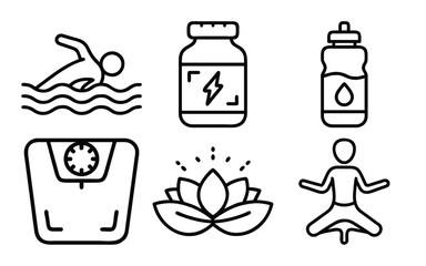 A collection of simple line art icons representing various aspects of a healthy lifestyle, including swimming, supplements, water bottle, scale, lotus flower, and yoga pose.