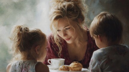 Mother and children enjoying cozy afternoon tea together