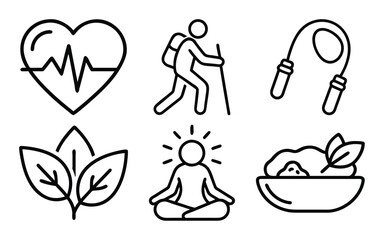 A collection of six simple line art icons illustrating key aspects of a healthy lifestyle, including fitness, nutrition, and mental well-being.