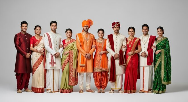 A group of couples standing together wearing traditional indian wedding attire on a white background