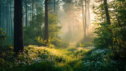 Fototapeta premium Golden Sunbeams Piercing Through Fog in a Lush Forest with Blooming Wildflowers