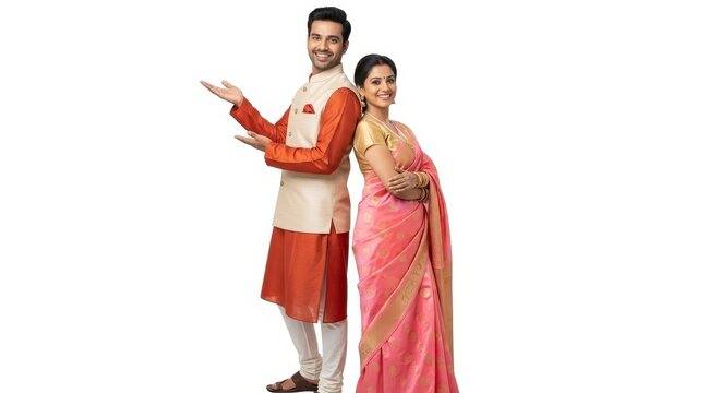 A man and woman in traditional indian clothing posing back to back on a white background smiling