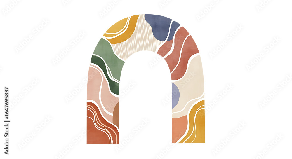 Poster stylized multicolored letter n artwork with abstract shapes and patterns displayed on a transparent 