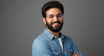 A smiling man with a beard and glasses wearing a denim shirt against a gray background portrait shot