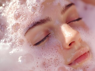 Fototapeta premium Photo of woman washing face with foamy cleanser, emphasizing skincare, self-care, and fresh, rejuvenated skin