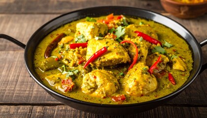 Delicious chicken curry with vibrant spices and fresh chili peppers served in a black pan