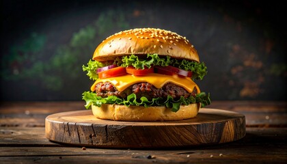 Juicy gourmet burger with melted cheese and fresh toppings on rustic wooden board