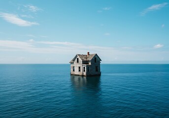 Small house floating on vast calm ocean