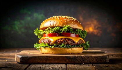 Juicy gourmet burger with melted cheese and fresh lettuce on rustic wooden board