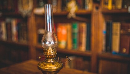 Vintage oil lamp glows warmly amidst a cozy library, evoking nostalgia and quiet study.