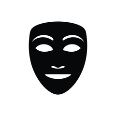 Black silhouette of a theatrical mask with white eyes and mouth
