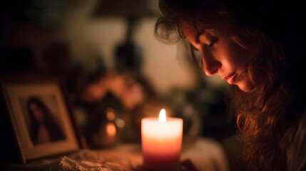 A woman lighting a candle on a Mother s Day altar
