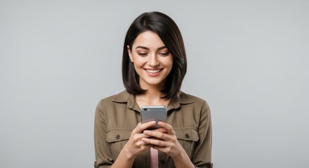 Fototapeta premium A young woman with short dark hair smiles while looking at her smartphone against a gray background
