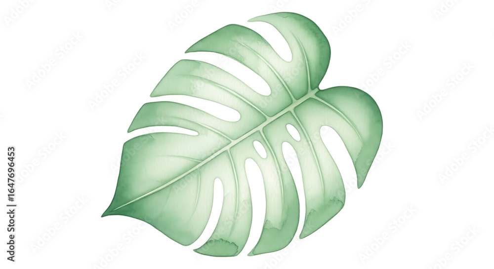 Poster large green monstera leaf with distinctive holes and smooth texture isolated on transparent backgrou