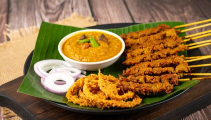 Savory satay skewers with peanut sauce and crispy onion rings, perfect for delicious dining and culinary inspiration.