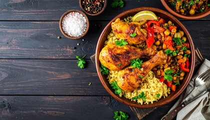 Savory roasted chicken legs with quinoa and chickpea medley, a delicious and healthy meal.