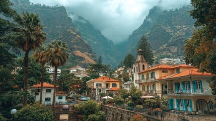 Fototapeta premium Mountain town nestled in a valley