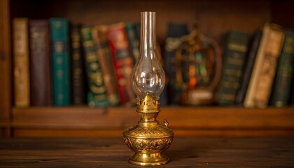 Elegant antique oil lamp glows softly on a wooden surface with vintage books in background