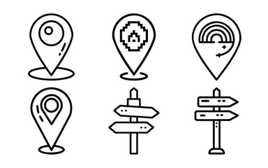 A set of six hand-drawn icons featuring map location markers and wooden directional signs, presented in a simple black and white line art style.