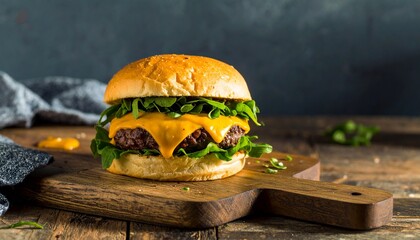 Juicy gourmet cheeseburger loaded with fresh greens on a rustic wooden board, perfect for food blogs and menus