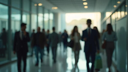 Blurred people walking in motion in modern office. 