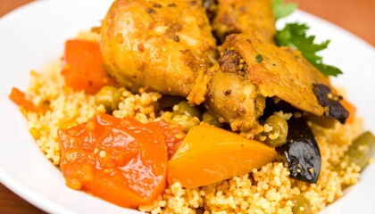 Savor the rich flavors of a delicious chicken tagine with fluffy couscous and vibrant vegetables.