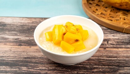Refreshing bowl of tropical fruit dessert with sago and juicy mango chunks on wooden table