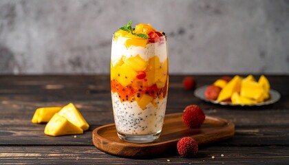 Vibrant layered fruit parfait with chia seeds, mango, and lychee offers a refreshing healthy breakfast.