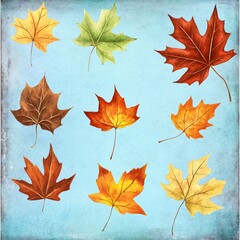 Set of nine watercolor autumn maple leaves in various fall colors on a textured blue background.