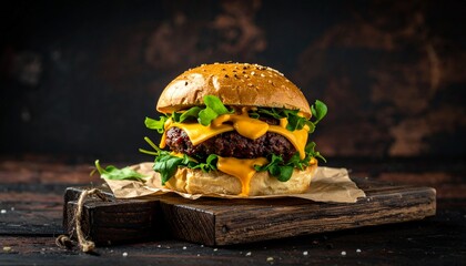 Juicy gourmet burger with melted cheese and fresh greens on rustic wooden board