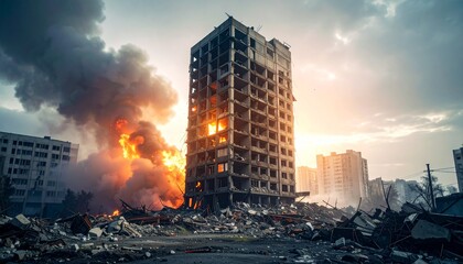 Devastated cityscape with burning building and debris under dramatic cloudy sky