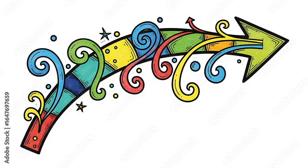 Poster colorful artistic arrow design with abstract swirls and patterns isolated on a transparent backgroun