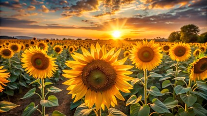 Fototapeta premium Photo of a vast field of sunflowers in full bloom at sunset, with the golden sun casting a warm glow over the horizon and illuminating the vibrant yellow petals