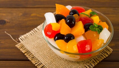 Vibrant mixed fruit salad bursting with fresh flavors in a clear bowl, a delightful healthy dessert.