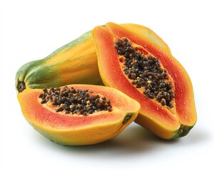 Fresh cut papaya sliced in half revealing seeds.