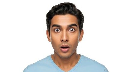 Fototapeta premium A man with a surprised expression and wide eyes looking at the camera on a white background studio shot