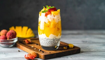 Vibrant layered fruit parfait with mango, strawberry, lychee, and chia seeds for a healthy breakfast
