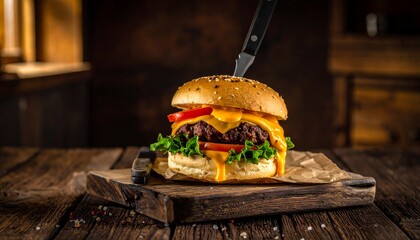 Juicy gourmet burger with melted cheese and fresh toppings, expertly prepared for ultimate flavor.