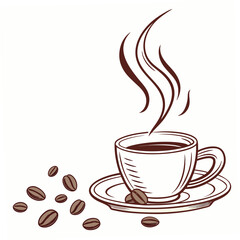 A steaming cup of coffee with coffee beans isolated on white background, a perfect start to the day with a rich aroma and flavor