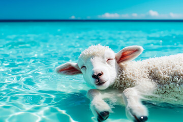 A baby lamb floating in the water with its eyes closed
