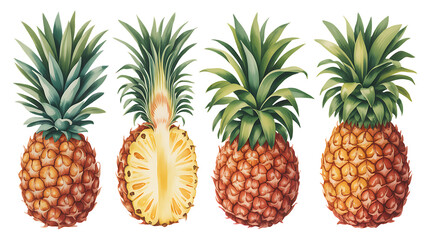 Fototapeta premium Four Delicious Tropical Pineapples One Cut In Half Revealing Juicy Yellow Fruit