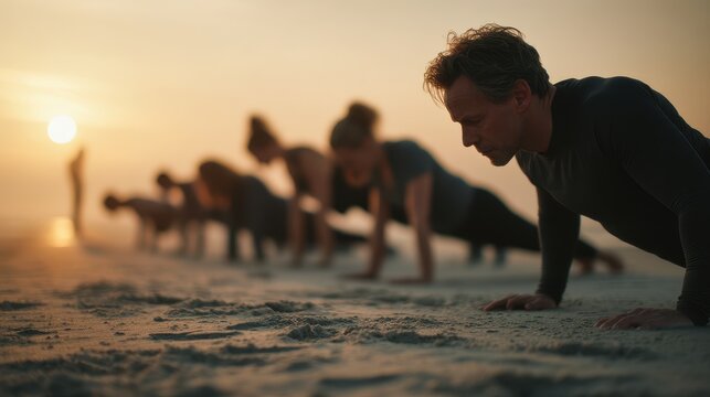 Sports team training at sunrise on beach