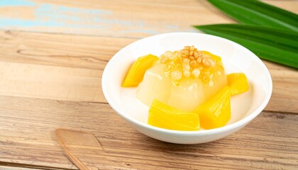 Refreshing mango jelly dessert with tapioca pearls and fresh pandan leaves on rustic wood