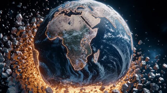 Earth translucent crystal glass sphere, oceans swirling inside, asteroid impact left side cracks spreading shattered glass, glowing molten core leaking, fragments space, cinematic deep space - Powered by Adobe