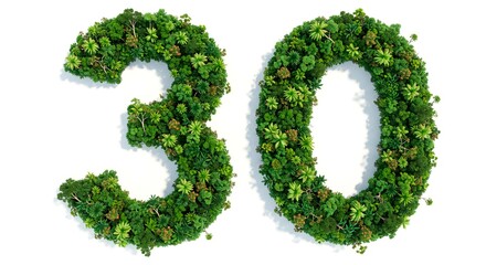 Ariel view of number thirty made of green plants and trees on a white background in studio shot