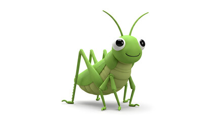 Fototapeta premium Cute green cartoon grasshopper with a friendly smile isolated on a white background. 3D rendered insect character for children's illustrations and design