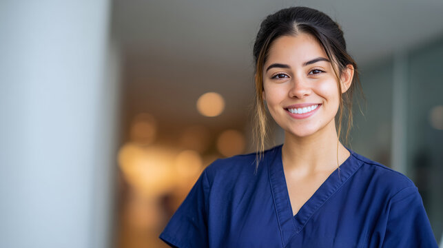 Portrait of smiling nurse in blue scrubs at the hospital